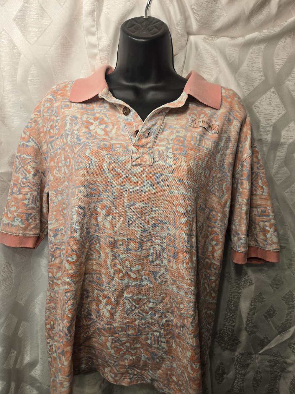 Men's Orvis Pink Patterned Polo Shirt Size L